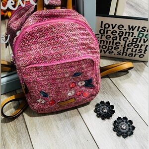 Vera Bradley pink woven mini backpack with tan leather straps- no call outs!